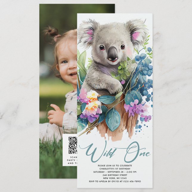 Invitación Wild One Cute Koala 1er cumpleaños foto animal (Anverso / Reverso)