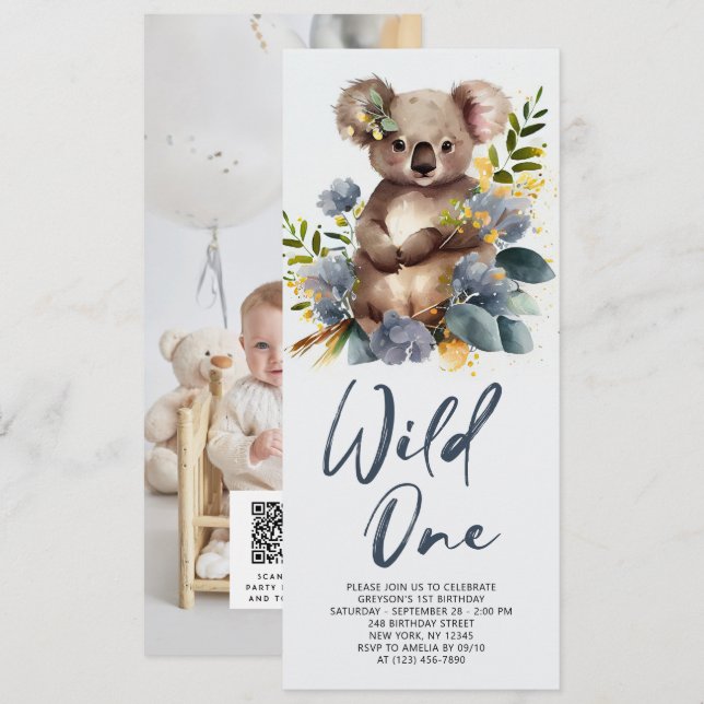 Invitación Wild One Cute Koala 1er cumpleaños foto animal (Anverso / Reverso)