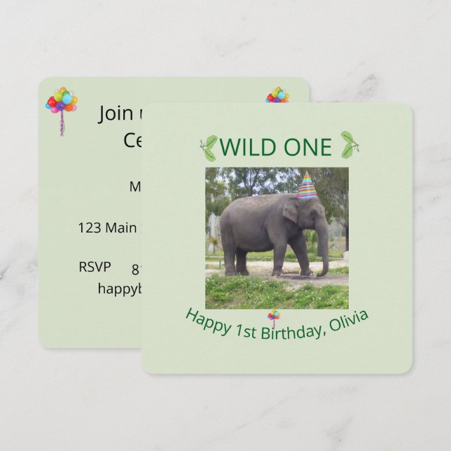 Invitación Wild One Elephant Birthday Party Invite Design (Anverso / Reverso)