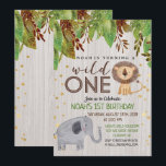 Invitación Wild ONE First Birthday Invitation Boy<br><div class="desc">Salvaje UNO primer Purpurina de cumpleaños Confetti Palm Leaf hojas león elefante niño</div>