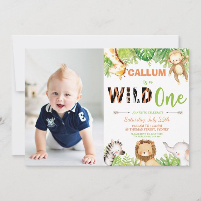 Invitación Wild One First Birthday Jungle Animals Boy Photo (Anverso)
