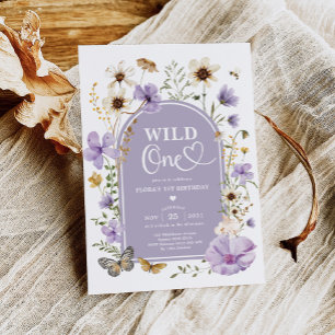 Invitación Wild One: Flor Silvestre Beige Púrpura Cumpleaños