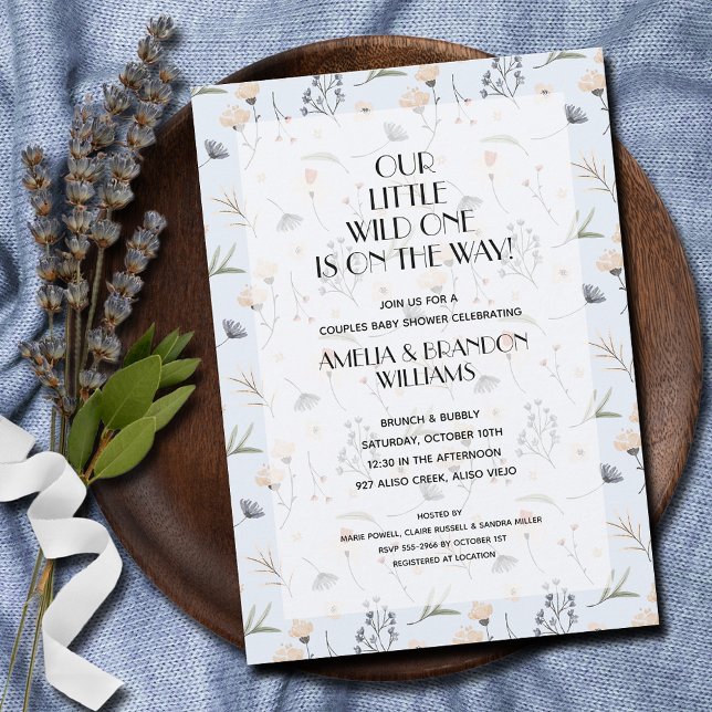 Invitación Wild One Floral Blue Boy Baby Shower (Wild One is on the Way! Wildflowers on blue boy baby shower invitations - INSTANT DOWNLOAD & PRINTED)
