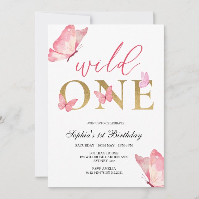 Invitación Wild One Floral Butterfly First Birthday Party  (Anverso)
