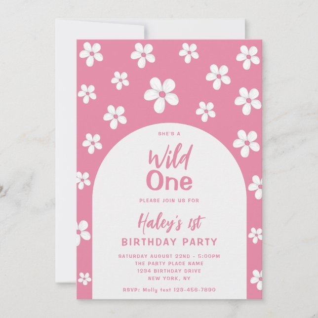 Invitación Wild One Floral Cute Baby Girl Primer Fiesta de cu (Anverso)