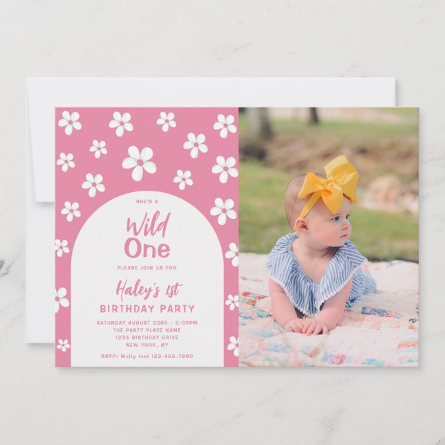 Invitación Wild One Floral Photo Baby Girl Primer Fiesta de c (Anverso)
