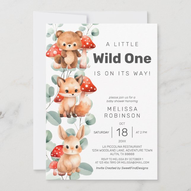 Invitación Wild One Forest Animals Baby Boy Shower (Anverso)