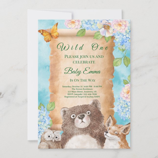 Invitación Wild One Forest Baby Shower Watercolor Art (Anverso)