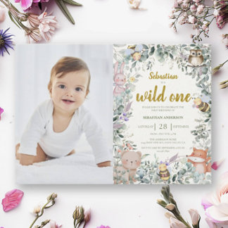 Invitación Wild One Forest Cute Animals Boho Boy 1er cumpleañ