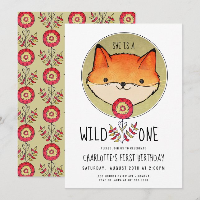 Invitación Wild One Fox First Birthday (Anverso / Reverso)