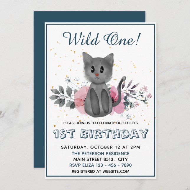 Invitación Wild One - Gato bebé y flores Primer cumpleaños (Anverso / Reverso)