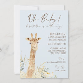 Invitación Wild One Giraffe Floral Pastel Azul Niño Invitado