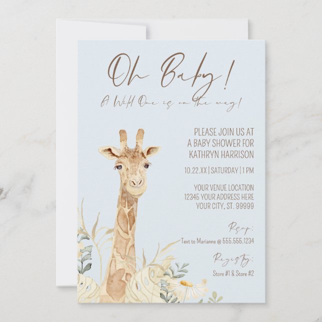 Invitación Wild One Giraffe Floral Pastel Azul Niño Invitado (Anverso)