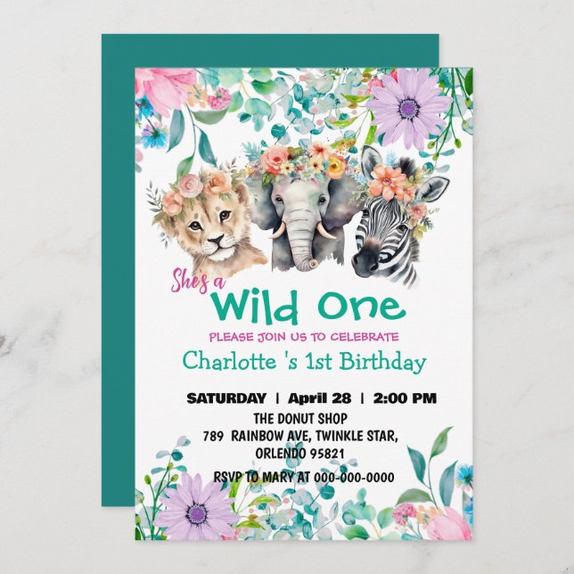 Invitación Wild One Giraffe zebra jungle 1er aniversario Anim (Anverso / Reverso)