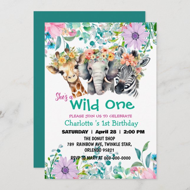 Invitación Wild One Giraffe zebra jungle 1er aniversario Anim (Anverso / Reverso)