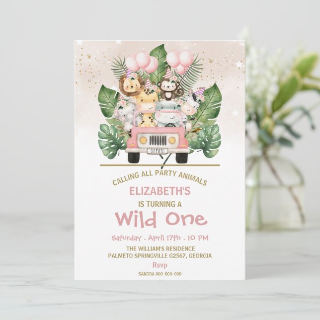 Invitación Wild One Girl 1st Birthday Jungle Safari Animals (Anverso de pie)