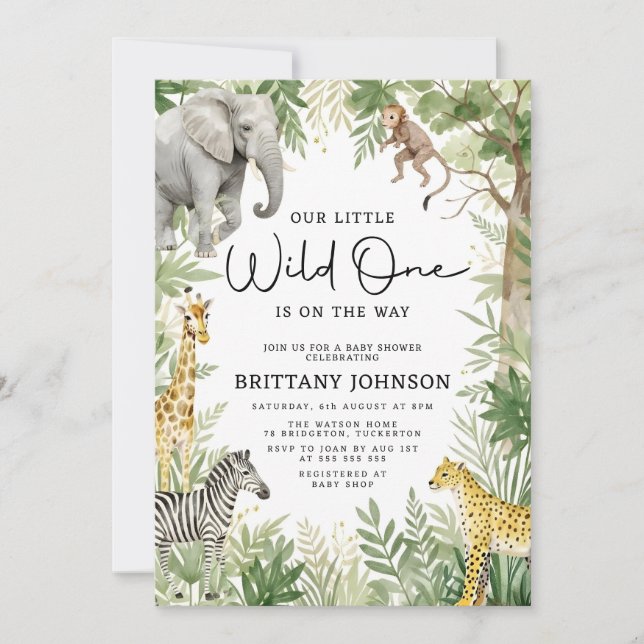 Invitación Wild One Jungle Animals Safari Theme Baby Shower (Anverso)