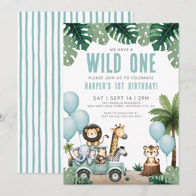 Invitación Wild One Jungle Safari 1st Birthday Party (Anverso / Reverso)