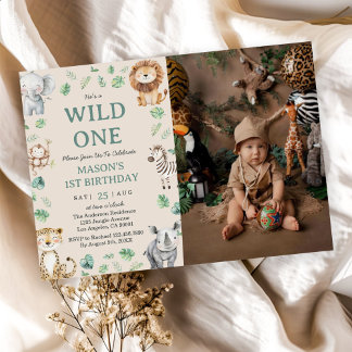 Invitación Wild One Jungle Safari Animals Birthday Photo