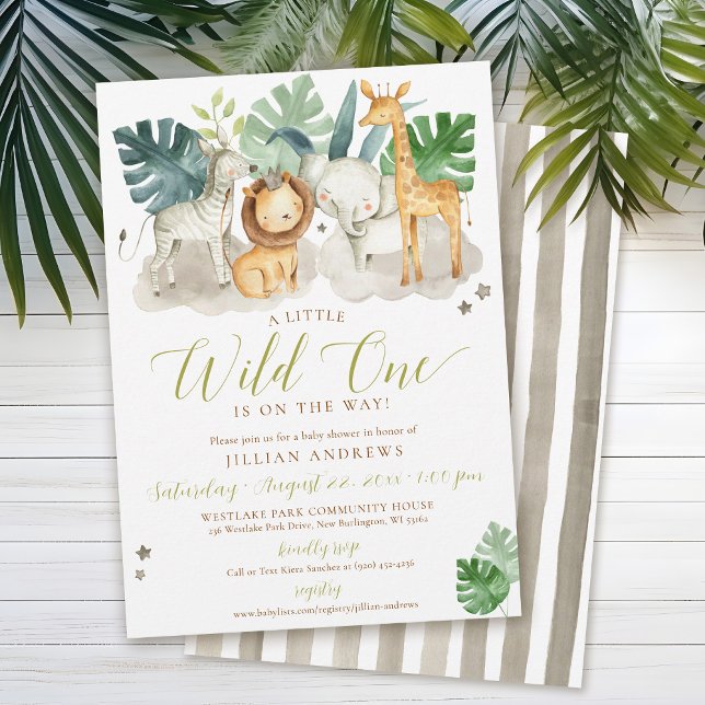 Invitación Wild One Jungle Safari Animals Boy Baby Shower (Cute Wild One watercolor jungle safari zoo animals lion crown zebra giraffe elephant boy baby shower)