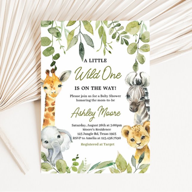 Invitación Wild One Jungle Safari Baby Shower (Greenery Animals Baby Shower Invitation)