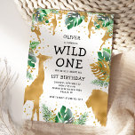 Invitación Wild One Jungle Safari Gold Green 1st Birthday<br><div class="desc">Celebrate your little wild one's first birthday with this jungle safari themed invitation, featuring gold faux foil animals (giraffe, lion and monkeys), gold and green jungle foliage, and a sprinkling of gold confetti. Add your child's name and party details in black text on a white background. A coordinating jungle foliage...</div>