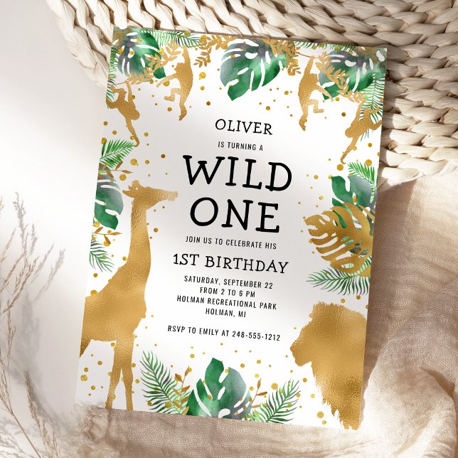 Invitación Wild One Jungle Safari Gold Green 1st Birthday (Subido por el creador)