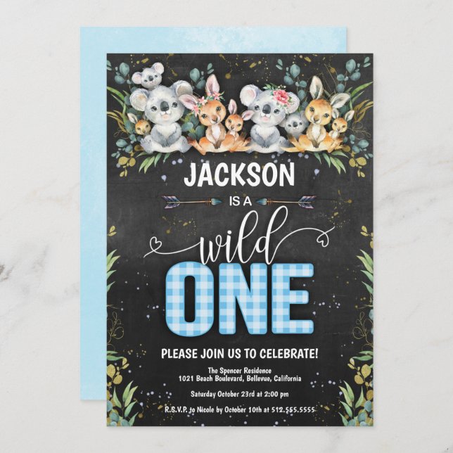 Invitación Wild One Koala & Kangaroo Gingham Primer cumpleaño (Anverso / Reverso)