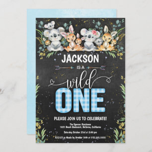 Invitación Wild One Koala & Kangaroo Gingham Primer cumpleaño