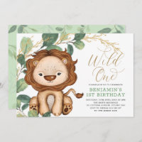 Wild One Leon Greenery Gold Primer niño cumpleaños