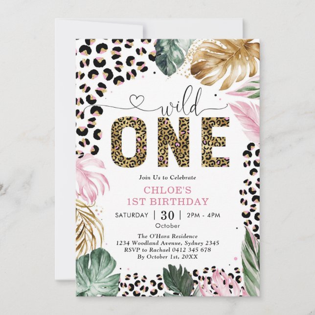 Invitación Wild One Leopard Pink Party Animals 1st Birthday (Anverso)