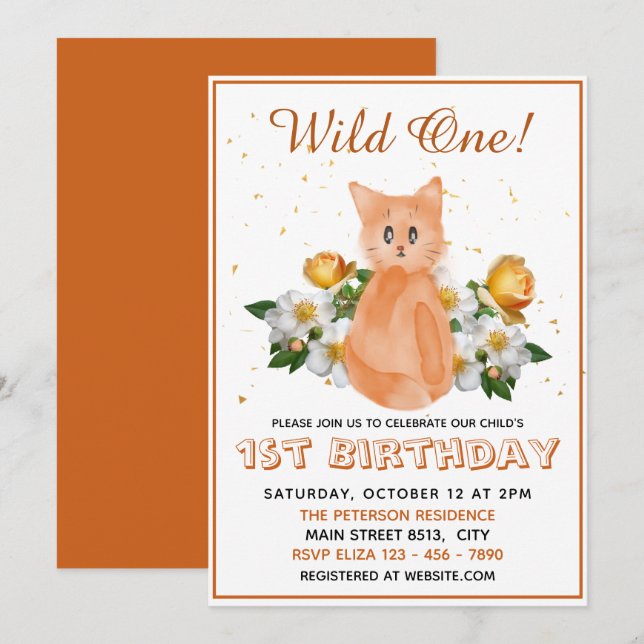 Invitación Wild One - Naranja Gato bebé - Primer cumpleaños (Anverso / Reverso)