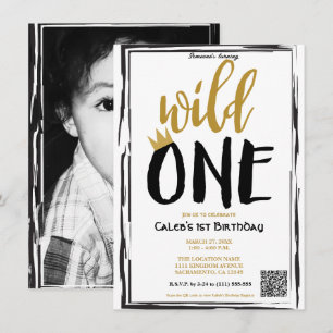 Invitación Wild One Negro + Oro Foto 1 1er Cumpleaños código 