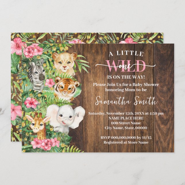 Invitación Wild One on the Way Pink Rustic Safari Baby Shower (Anverso / Reverso)