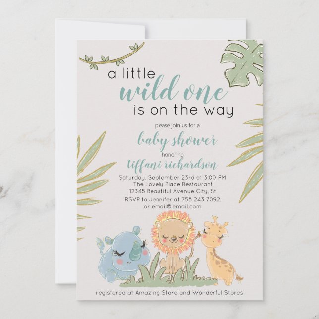 Invitación Wild One On the Way Safari Animals Baby Shower (Anverso)