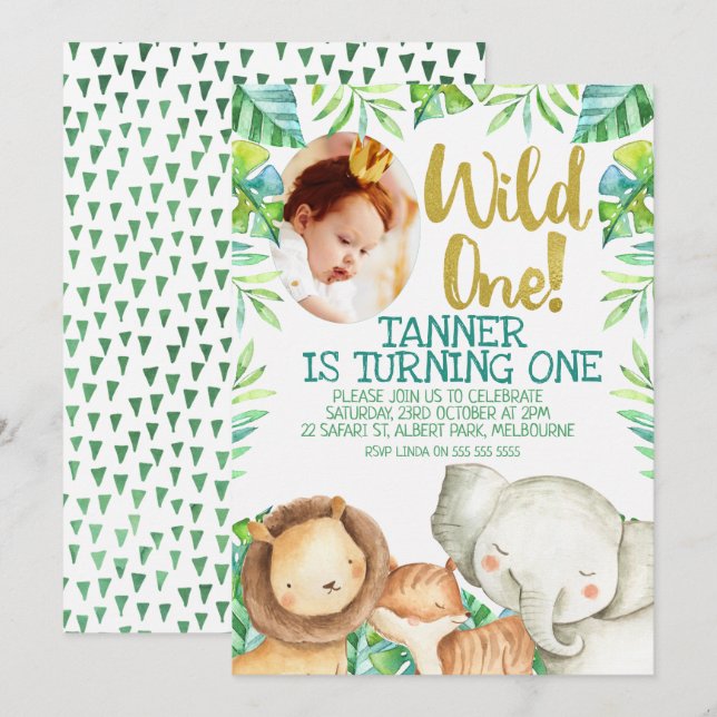 Invitación Wild One Photo Birthday Invitation Safari (Anverso / Reverso)