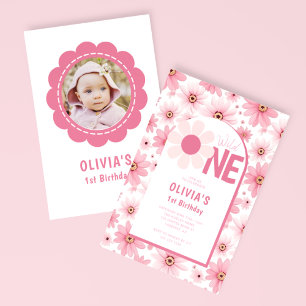 Invitación Wild One Pink Daisy Birthday Photo