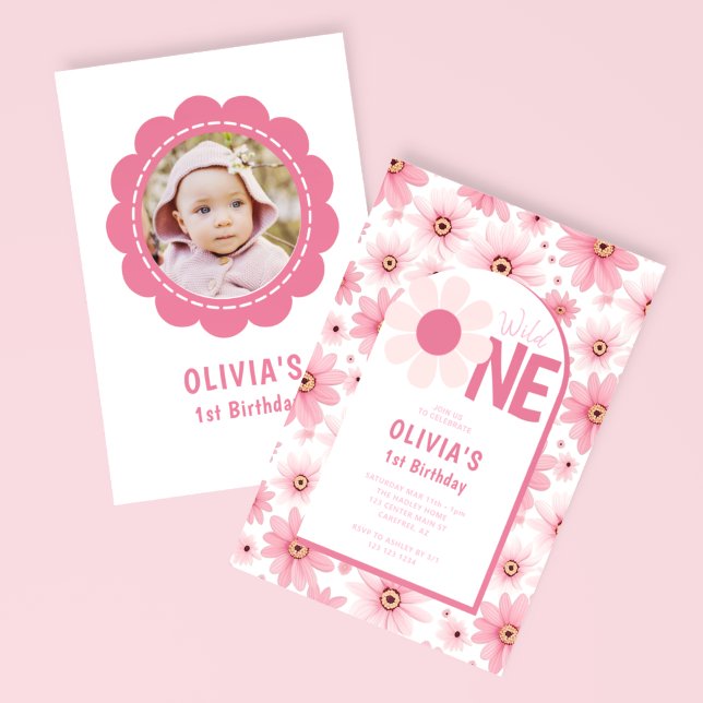 Invitación Wild One Pink Daisy Birthday Photo (Subido por el creador)