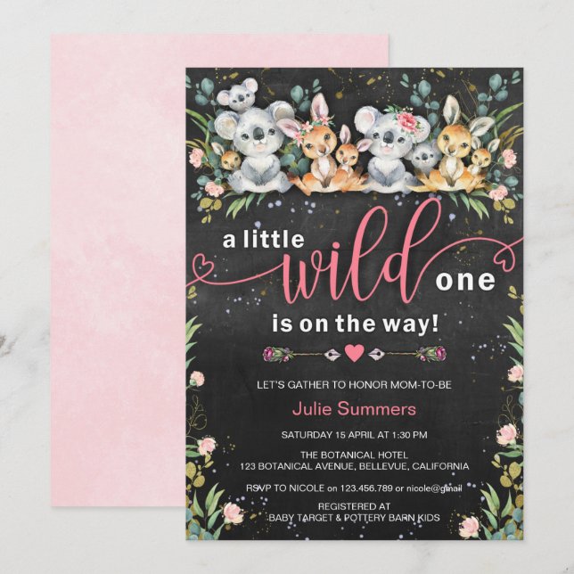 Invitación Wild One Pink Koala Kangaroo Baby Shower (Anverso / Reverso)