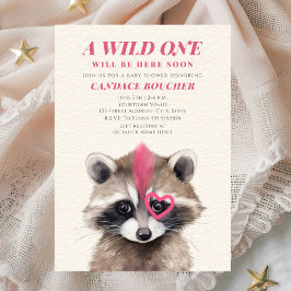 Invitación Wild One Pink Mohawk Raccoon Baby Shower