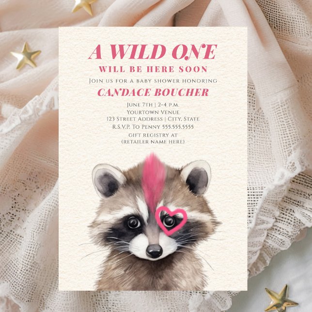 Invitación Wild One Pink Mohawk Raccoon Baby Shower (Subido por el creador)