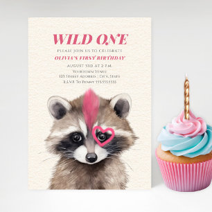 Invitación Wild One Pink Mohawk Raccoon Primer Fiesta de cump