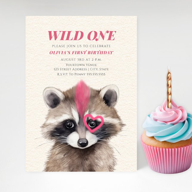 Invitación Wild One Pink Mohawk Raccoon Primer Fiesta de cump (Subido por el creador)