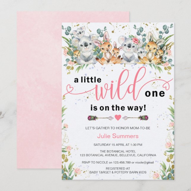 Invitación Wild One Pink Safari Chica Baby Shower (Anverso / Reverso)