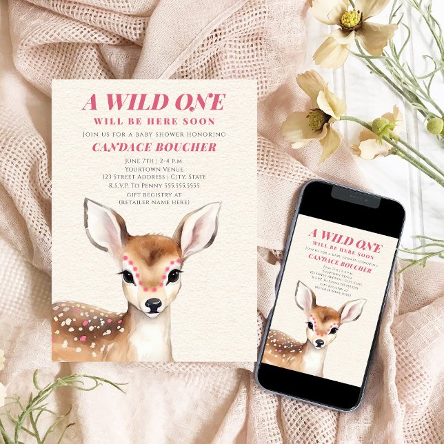 Invitación Wild One Pink Spot Fawn Baby Shower (Subido por el creador)
