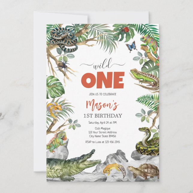 Invitación Wild One Reptile Party Animals Kids 1st Birthday (Anverso)