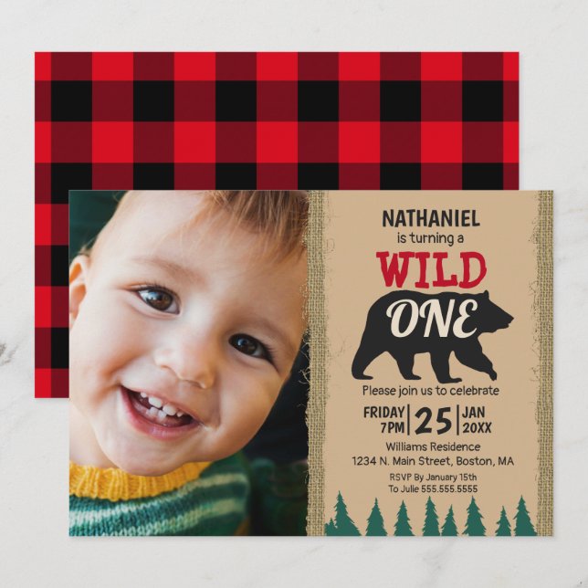 Invitación Wild One Rustic Black Bear Plaid Photo (Anverso / Reverso)