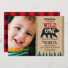 Invitación Wild One Rustic Black Bear Plaid Photo