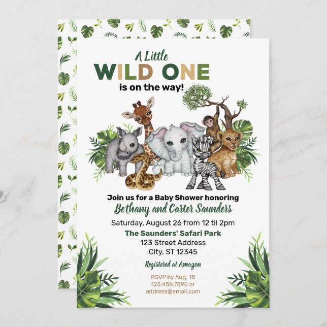 Invitación Wild One Safari Animal Baby Shower (Anverso / Reverso)