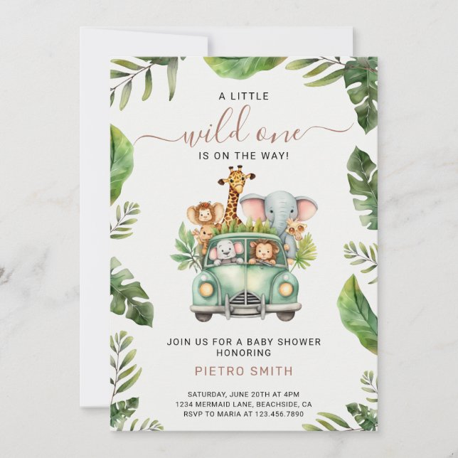 Invitación Wild One Safari Animals Baby Shower (Anverso)